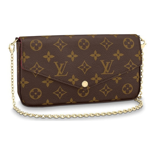 Louis Vuitton Classic Brown Monogram Envelope Clutch Bag with Gold Chain Strap