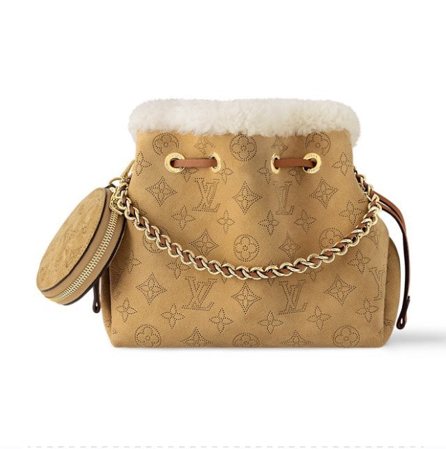 Louis Vuitton Camel Monogram Embossed Bucket Bag with Shearling Trim and Pouch