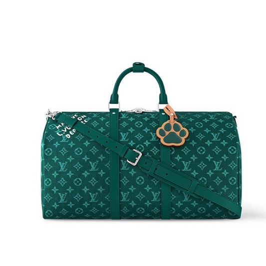 Louis Vuitton Green Monogram Pattern Travel Duffle Bag with Dog Paw Charm