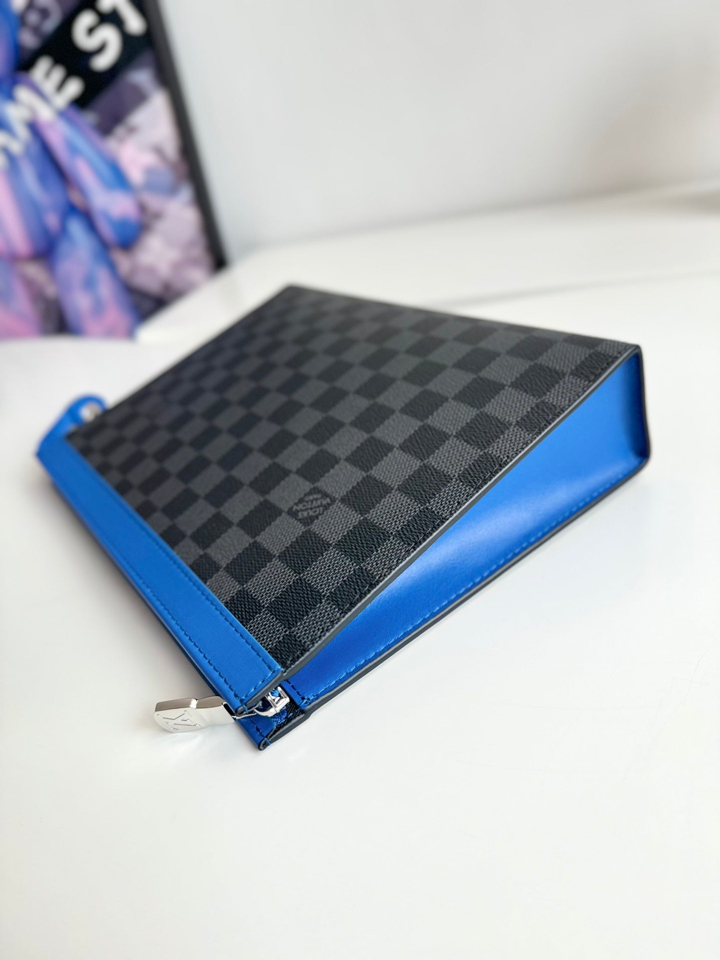 Louis Vuitton Modern Black and Grey Checkered Zipper Pouch with Blue Trim