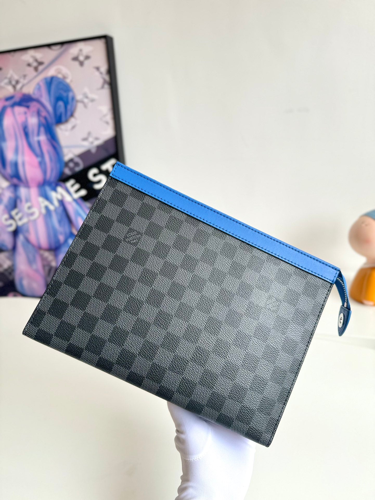 Louis Vuitton Modern Black and Grey Checkered Zipper Pouch with Blue Trim
