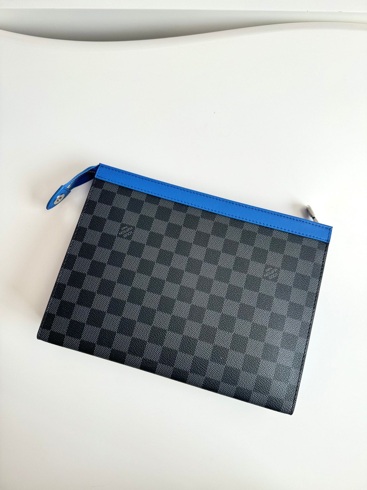 Louis Vuitton Modern Black and Grey Checkered Zipper Pouch with Blue Trim