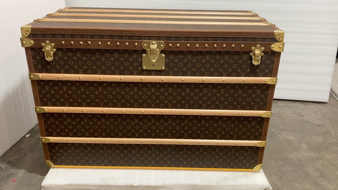 Vintage Brown Monogram Steamer Trunk with Wooden Slats