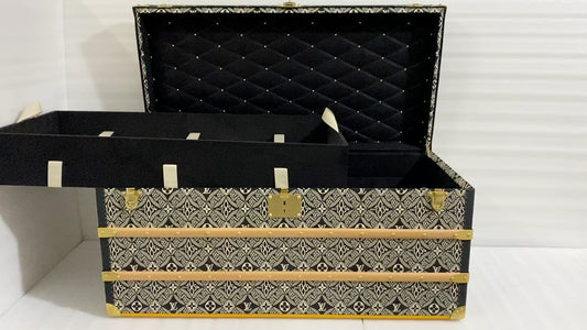 Vintage Geometric Pattern Storage Trunk with Quilted Interior