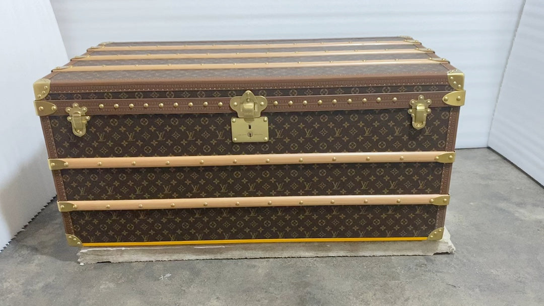 Vintage Brown Monogram Steamer Trunk with Brass Hardware