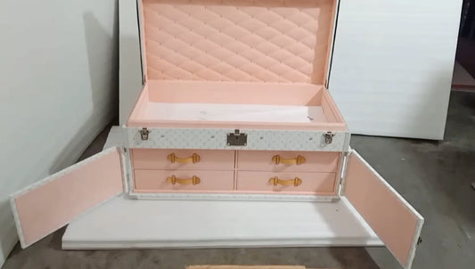 Large White Jewelry Box with Pink Quilted Interior and Drawers