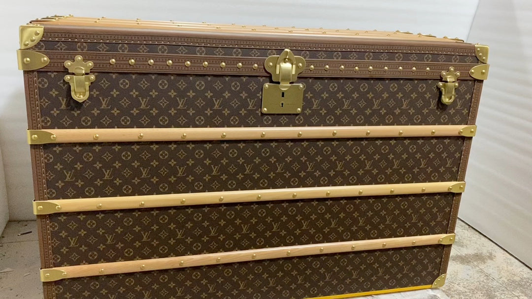 Vintage Monogram Wooden Storage Trunk Chest with Gold Hardware