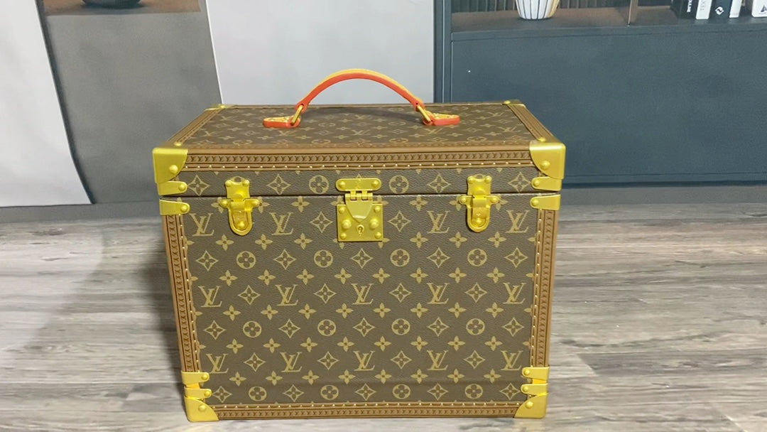 Vintage Brown Monogram Vanity Trunk Case with Gold Latches