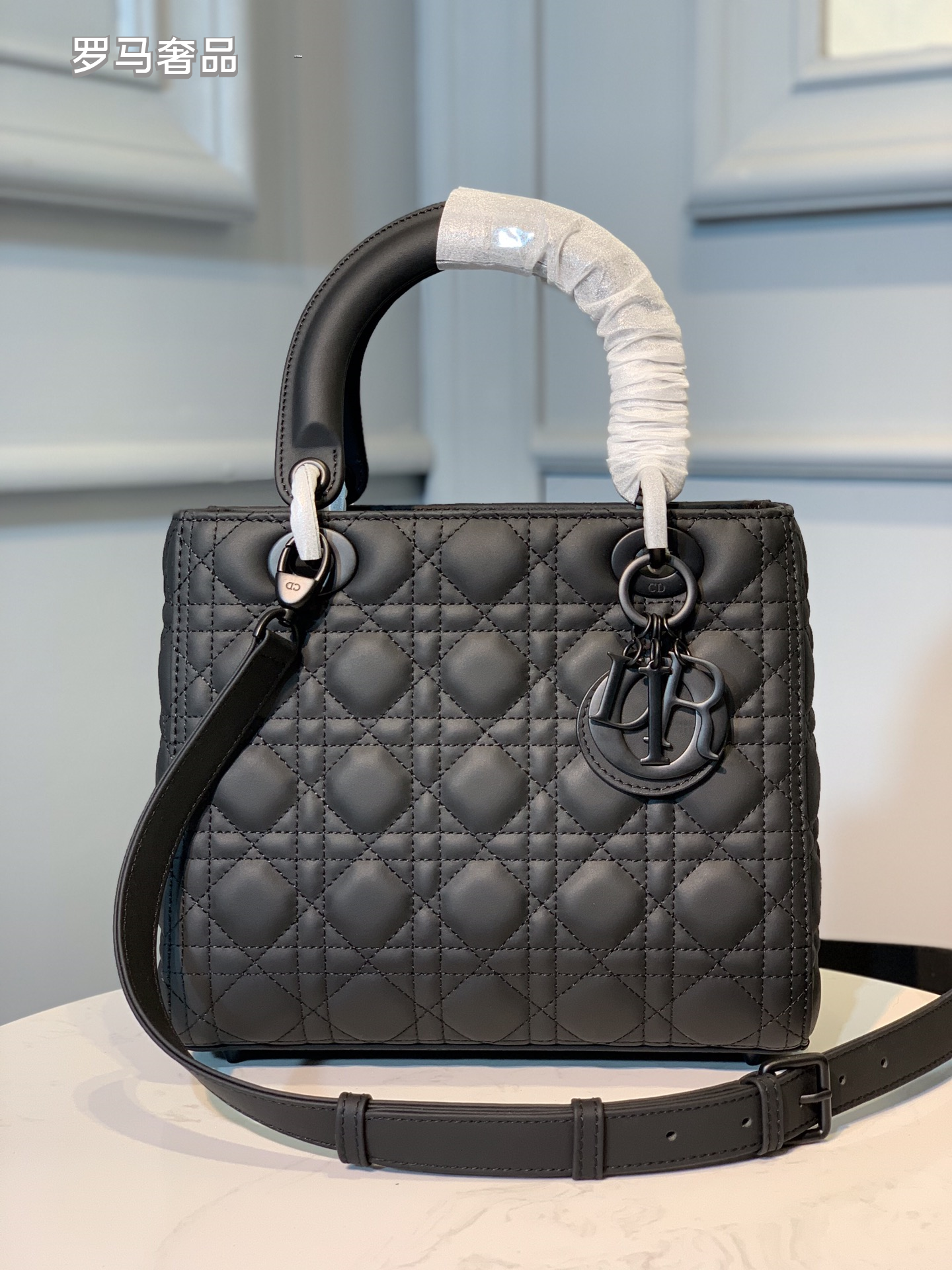 Dior Classic Matte Black Quilted Top Handle Crossbody Handbag