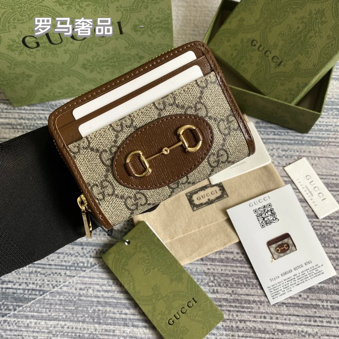 Gucci Monogram Canvas Card Case Wallet with Web Stripe and Gold Logo