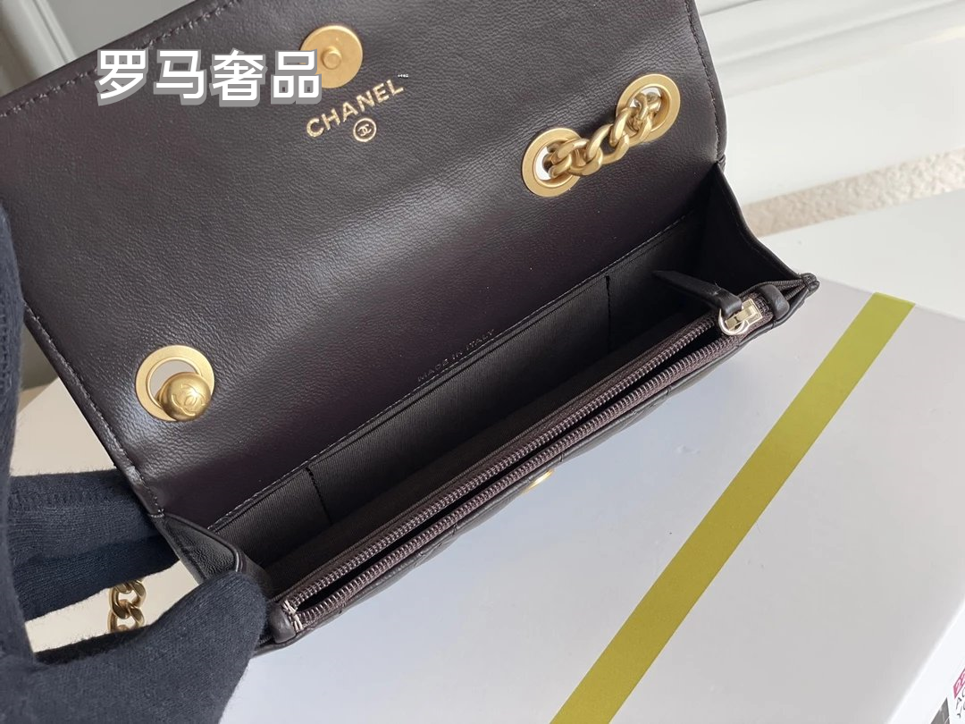 Dark Green Quilted Leather Mini Flap Bag with Gold-Tone Chain and Logo