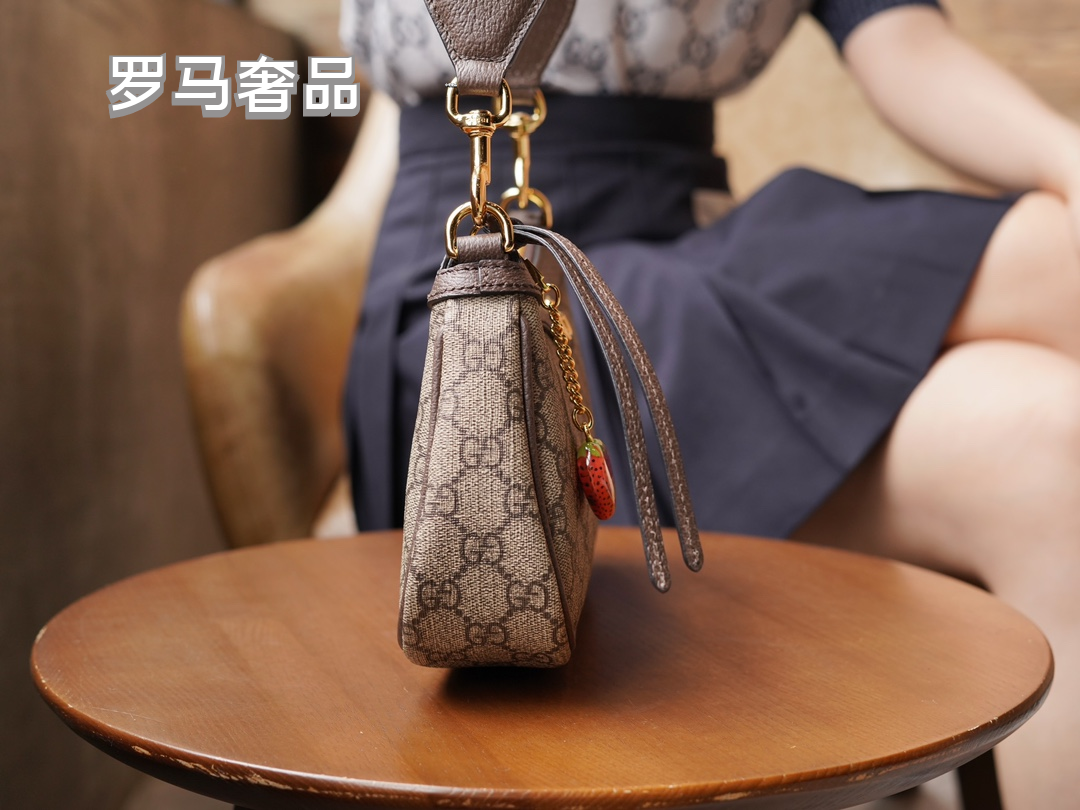 Gucci Classic Monogram Canvas Shoulder Bag with Web Strap and Strawberry Charm
