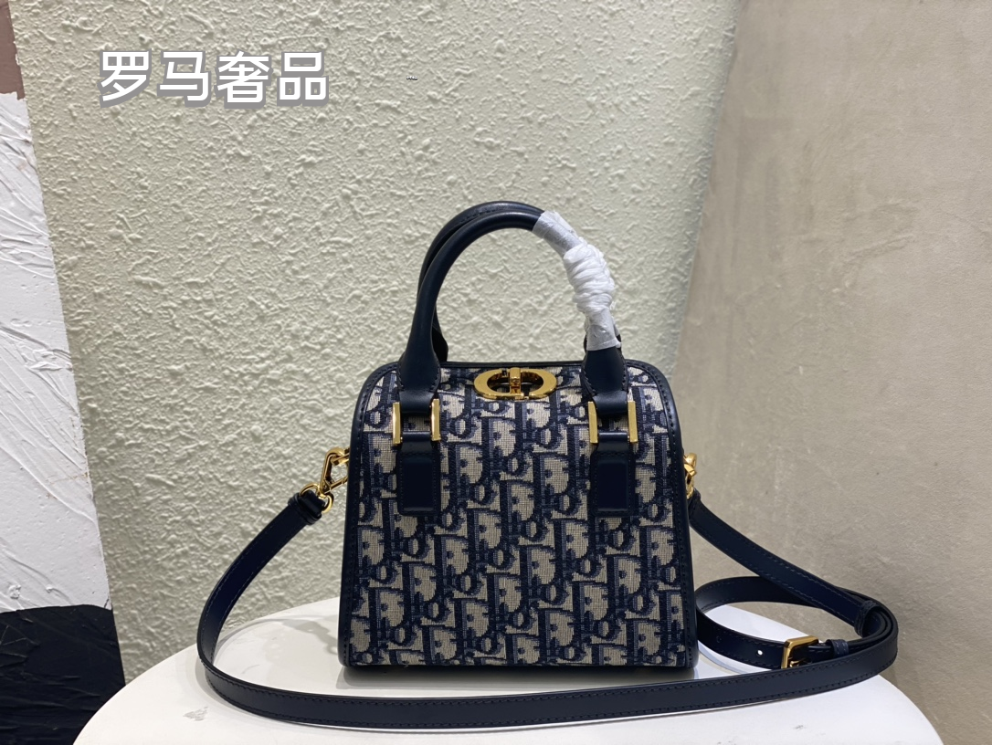 Dior Vintage Blue Monogram Canvas Top Handle Crossbody Handbag