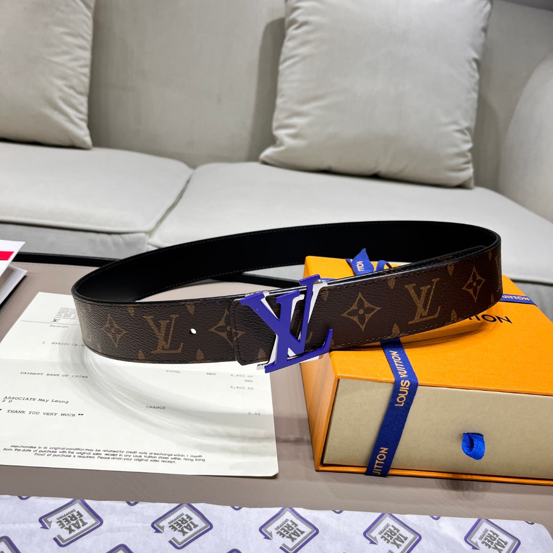 Louis Vuitton LV Initiales 40mm Monogram Canvas Belt with Blue Buckle, Brown