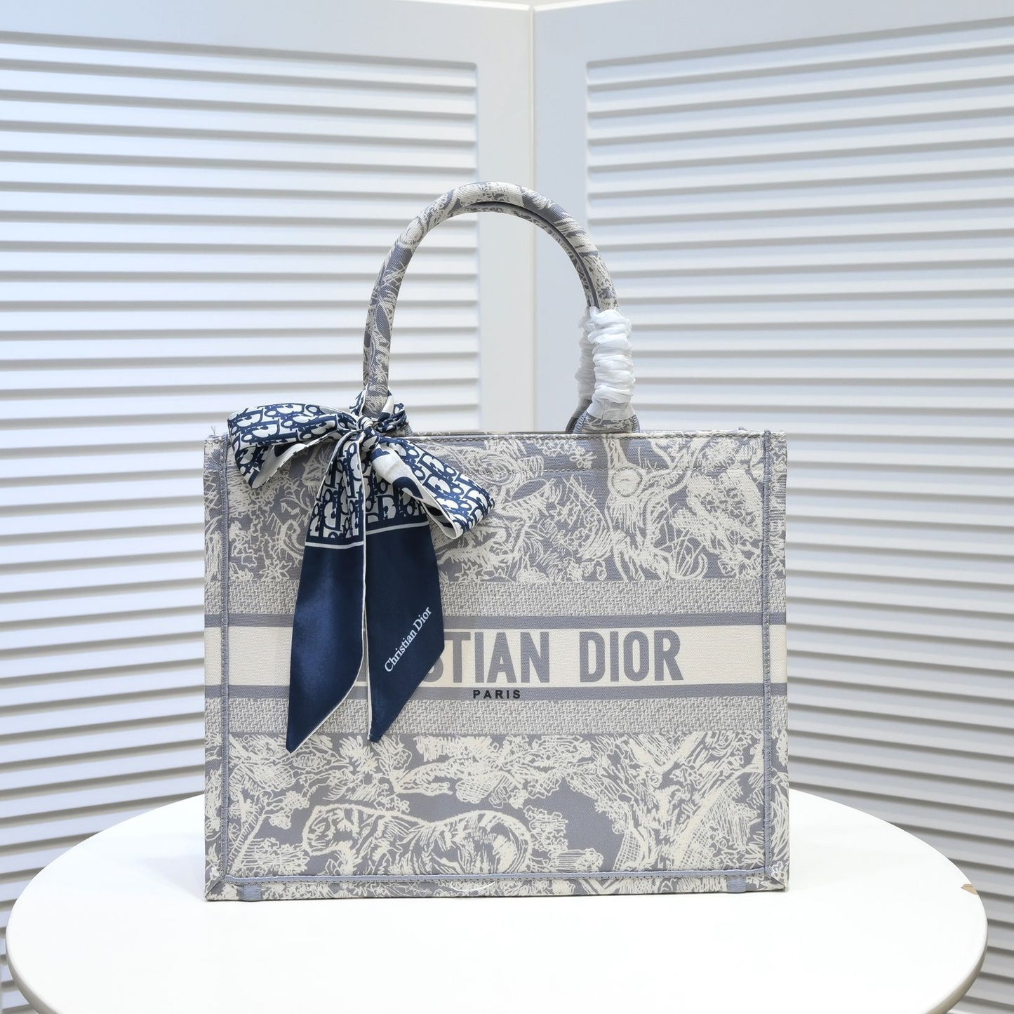 Dior Grey Toile de Jouy Canvas Tote Bag with Handle Ribbon Scarf