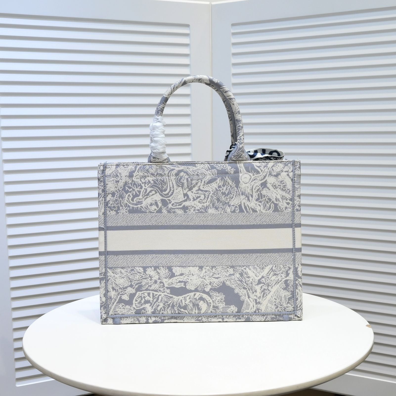 Dior Grey Toile de Jouy Canvas Tote Bag with Handle Ribbon Scarf