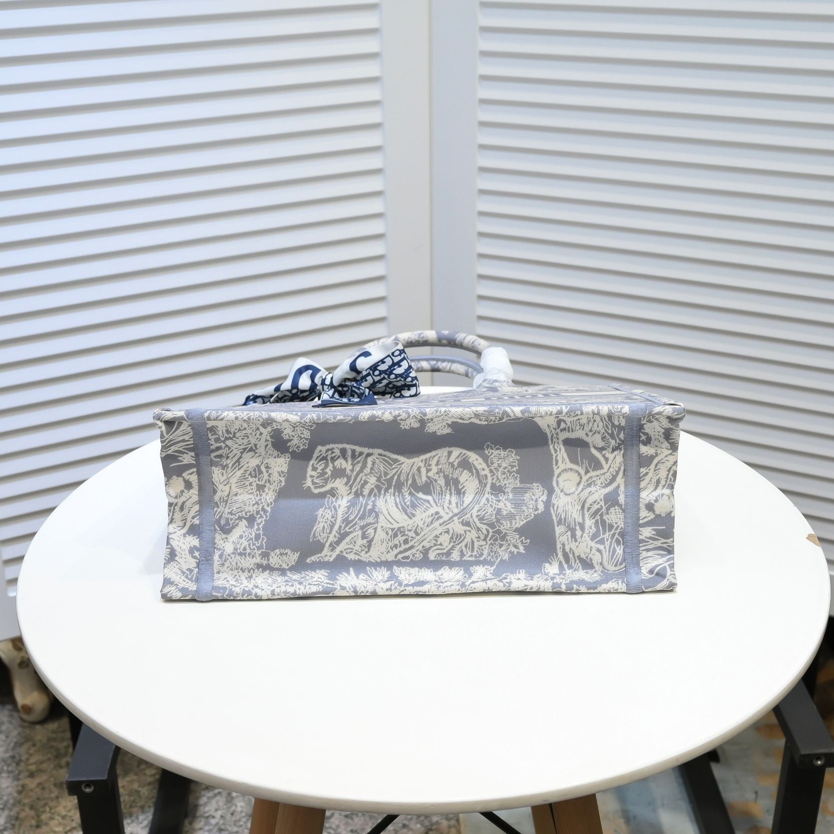 Dior Grey Toile de Jouy Canvas Tote Bag with Handle Ribbon Scarf