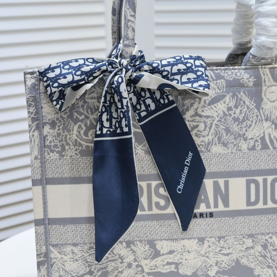 Dior Grey Toile de Jouy Canvas Tote Bag with Handle Ribbon Scarf
