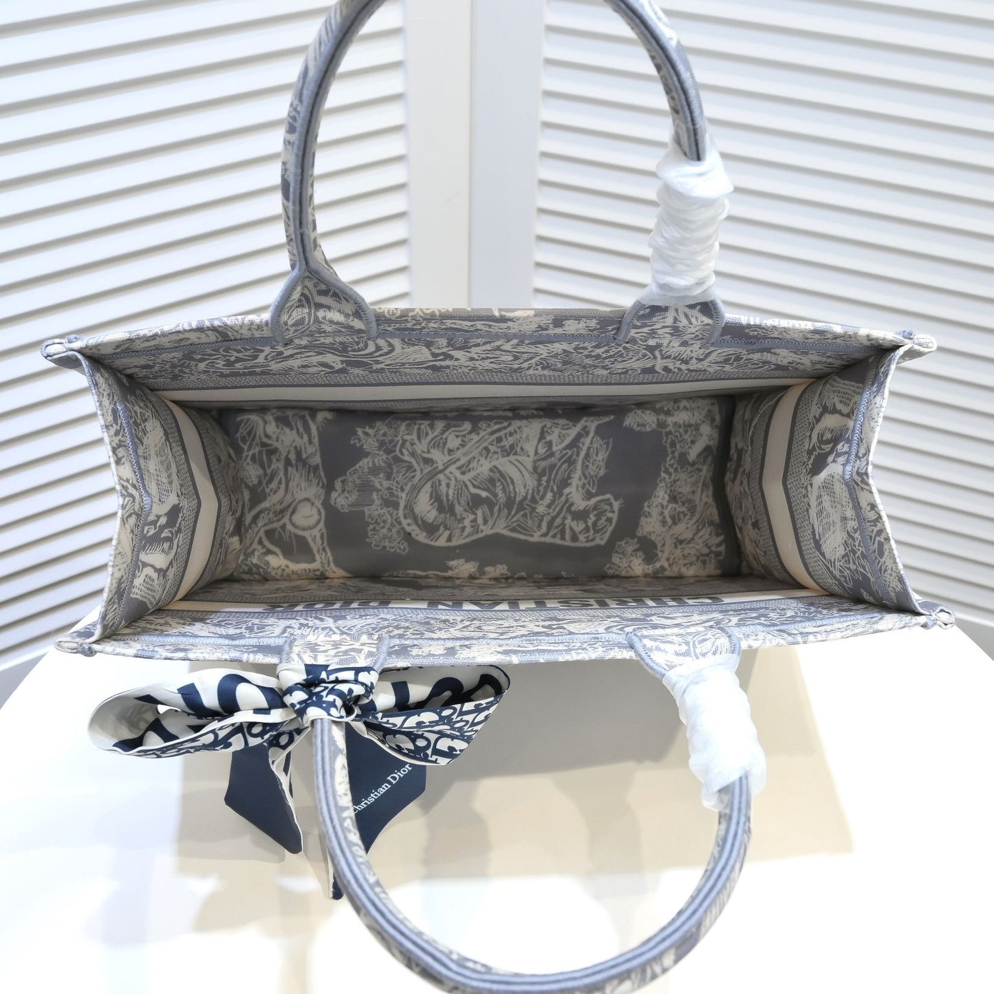 Dior Grey Toile de Jouy Canvas Tote Bag with Handle Ribbon Scarf