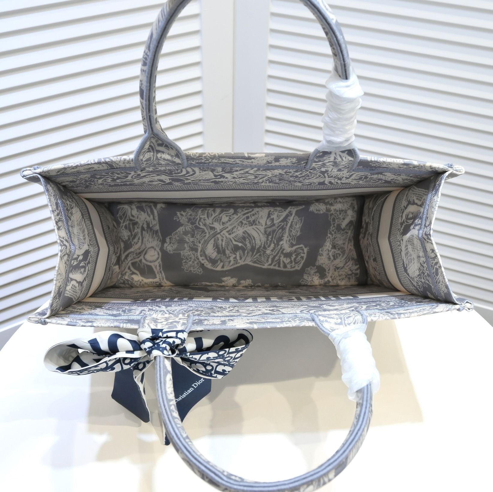 Dior Grey Toile de Jouy Canvas Tote Bag with Handle Ribbon Scarf