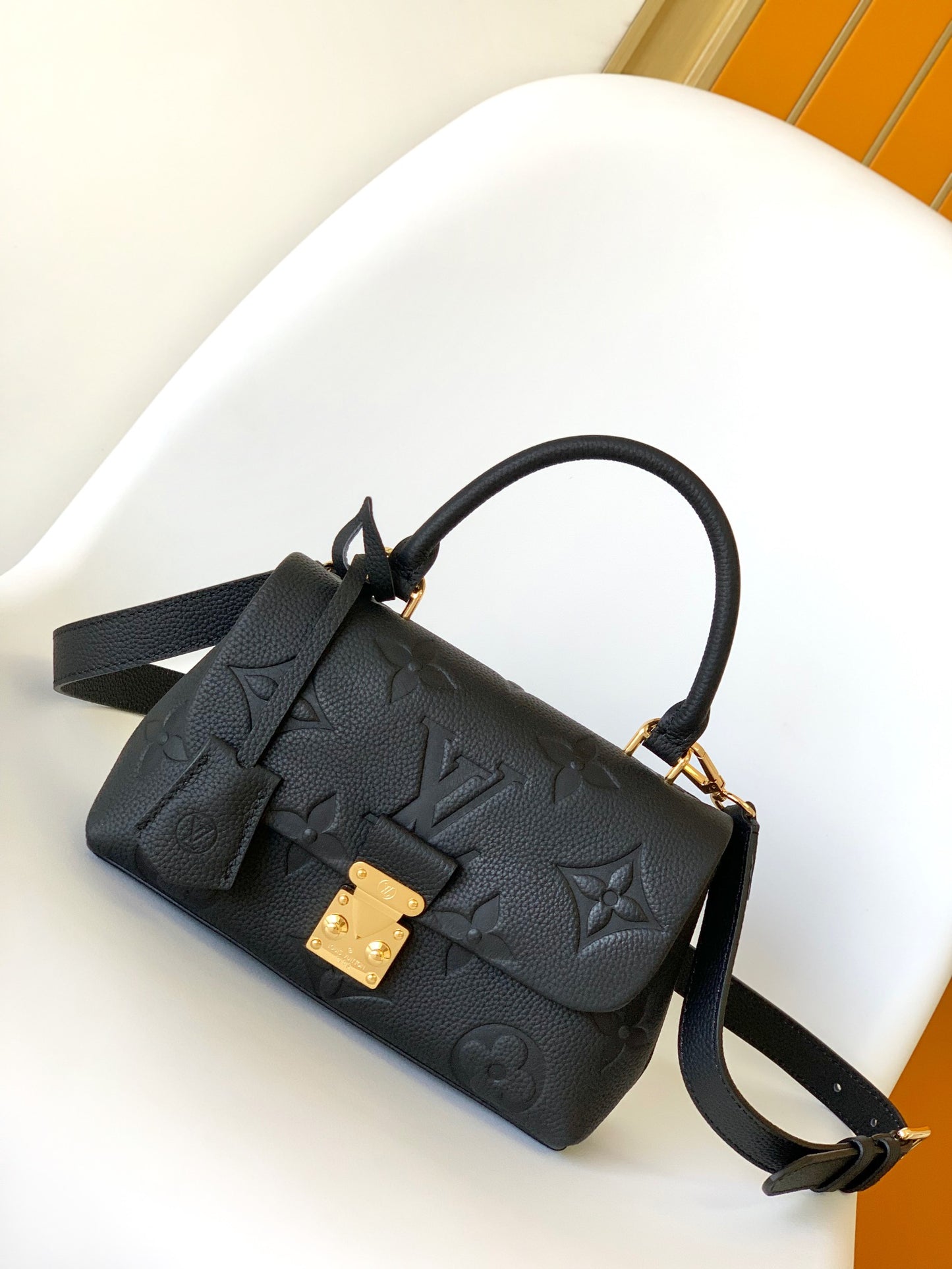 Louis Vuitton Black Embossed Leather Top Handle Handbag with Crossbody Strap
