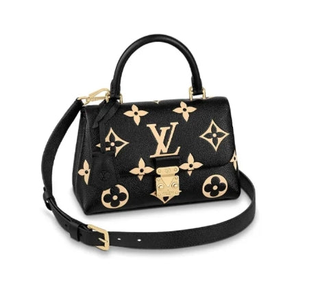 Louis Vuitton Black Leather Top Handle Shoulder Bag with Gold Floral Pattern