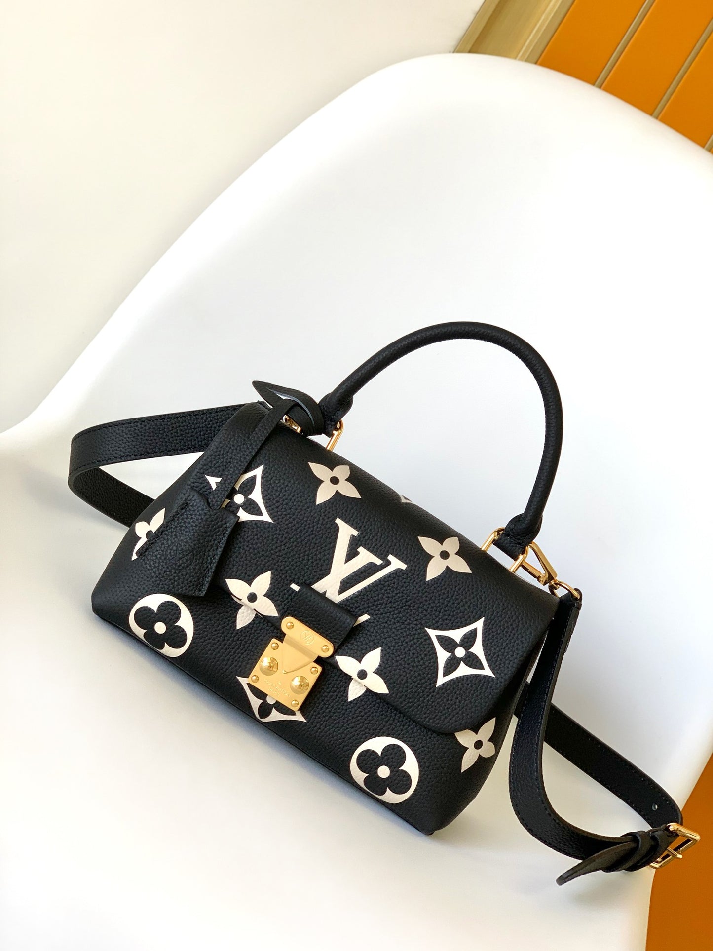 Louis Vuitton Black Leather Top Handle Shoulder Bag with Gold Floral Pattern