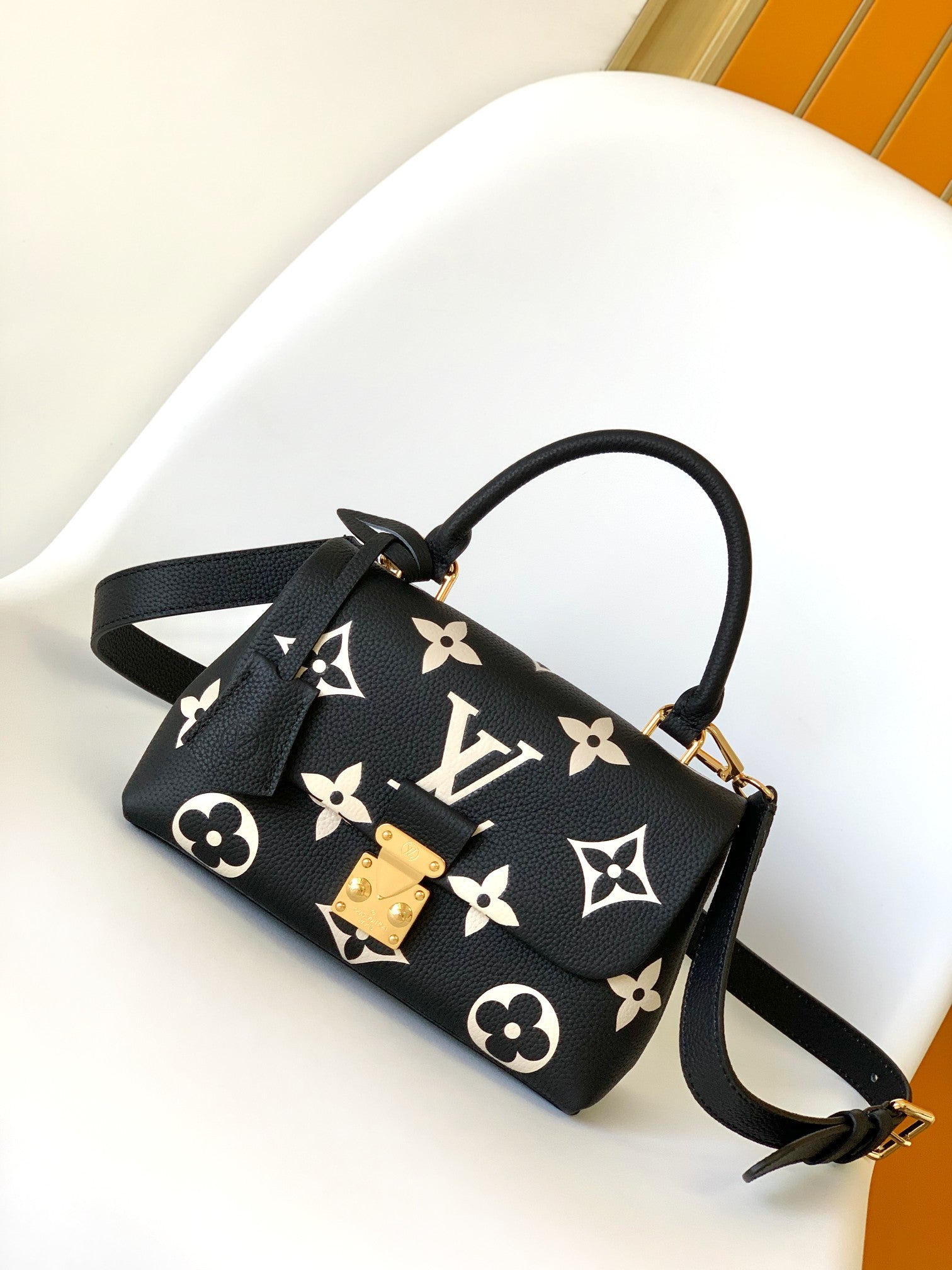 Louis Vuitton Black Leather Top Handle Shoulder Bag with Gold Floral Pattern