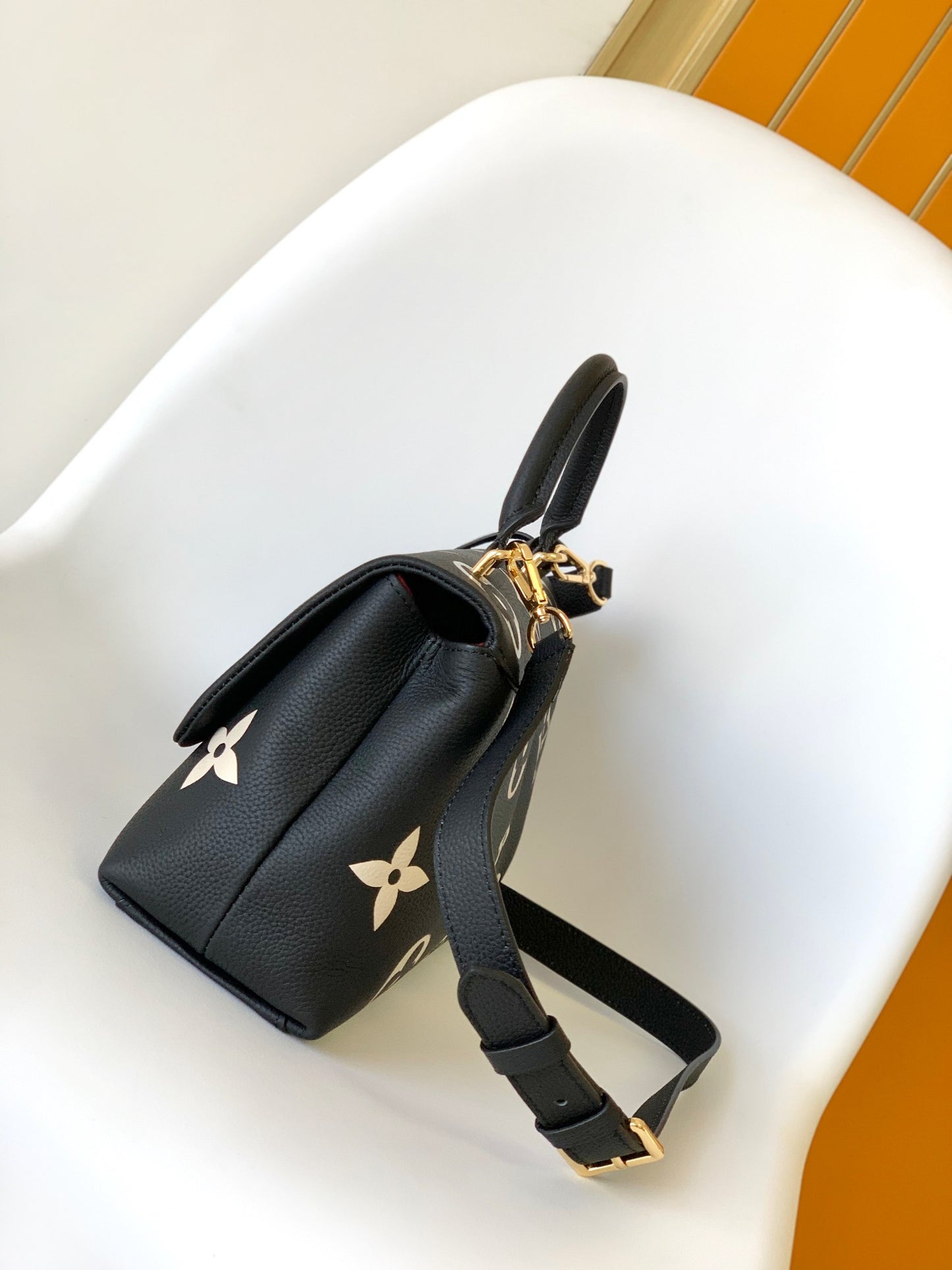 Louis Vuitton Black Leather Top Handle Shoulder Bag with Gold Floral Pattern