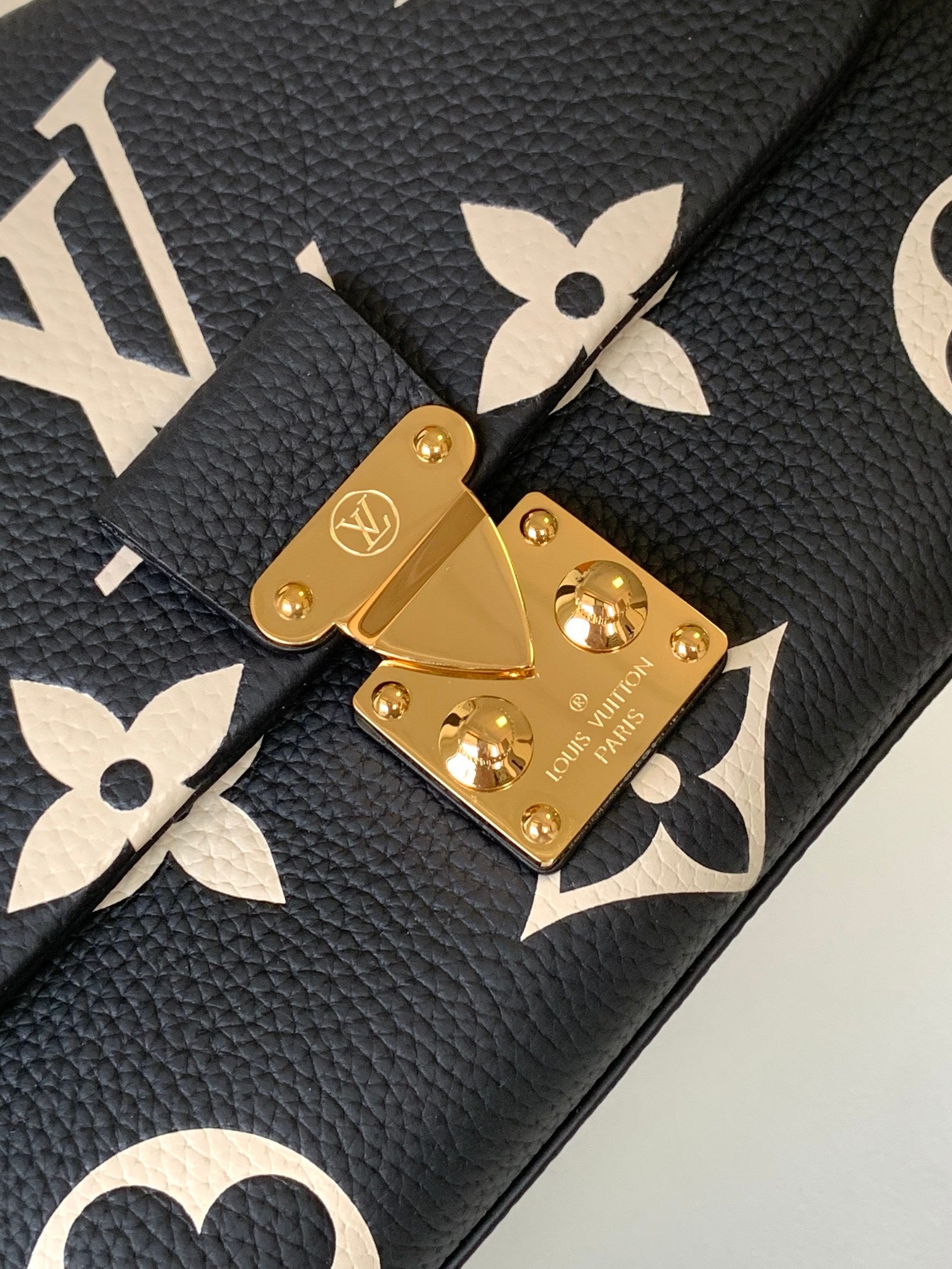 Louis Vuitton Black Leather Top Handle Shoulder Bag with Gold Floral Pattern