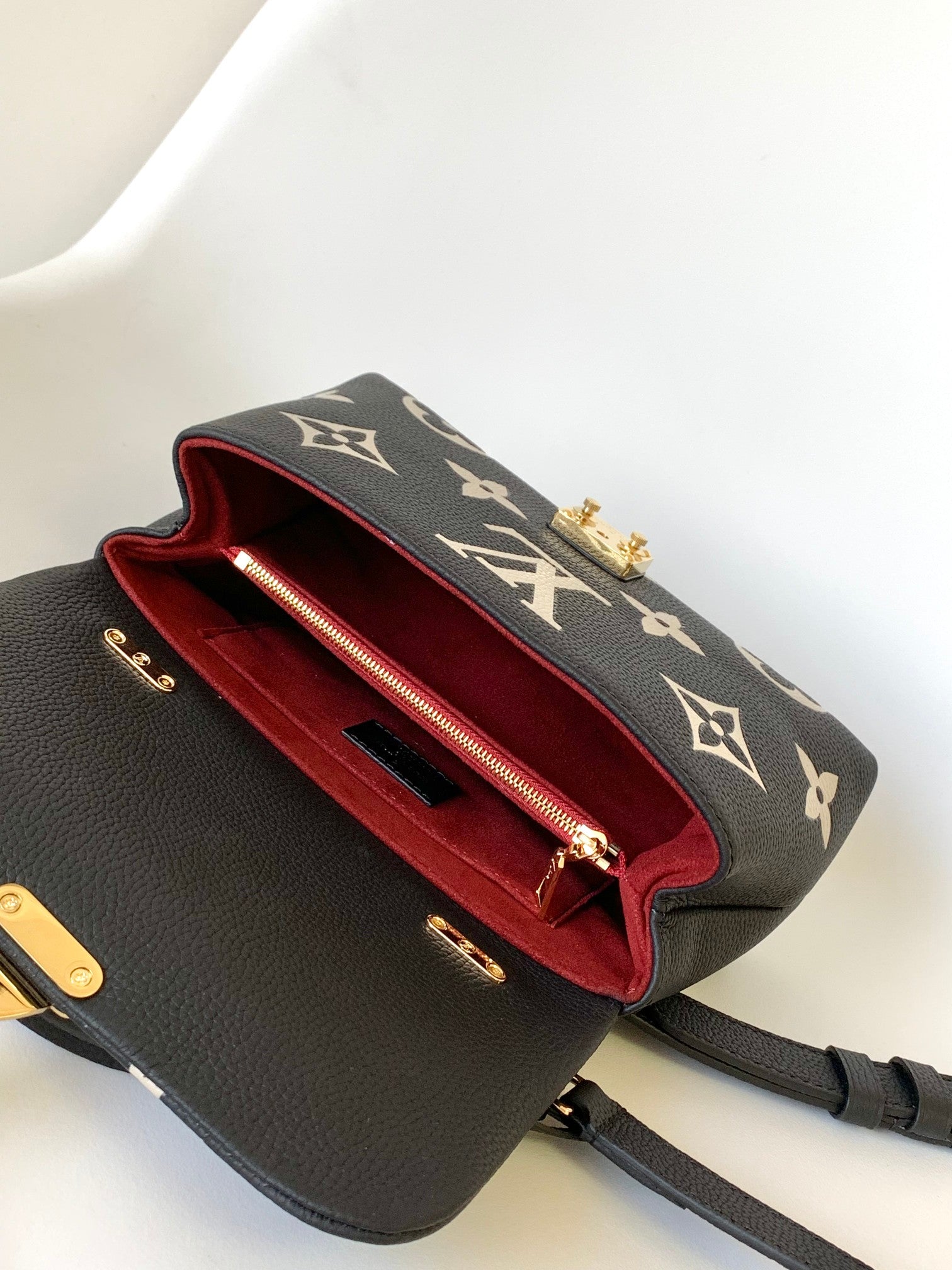 Louis Vuitton Black Leather Top Handle Shoulder Bag with Gold Floral Pattern