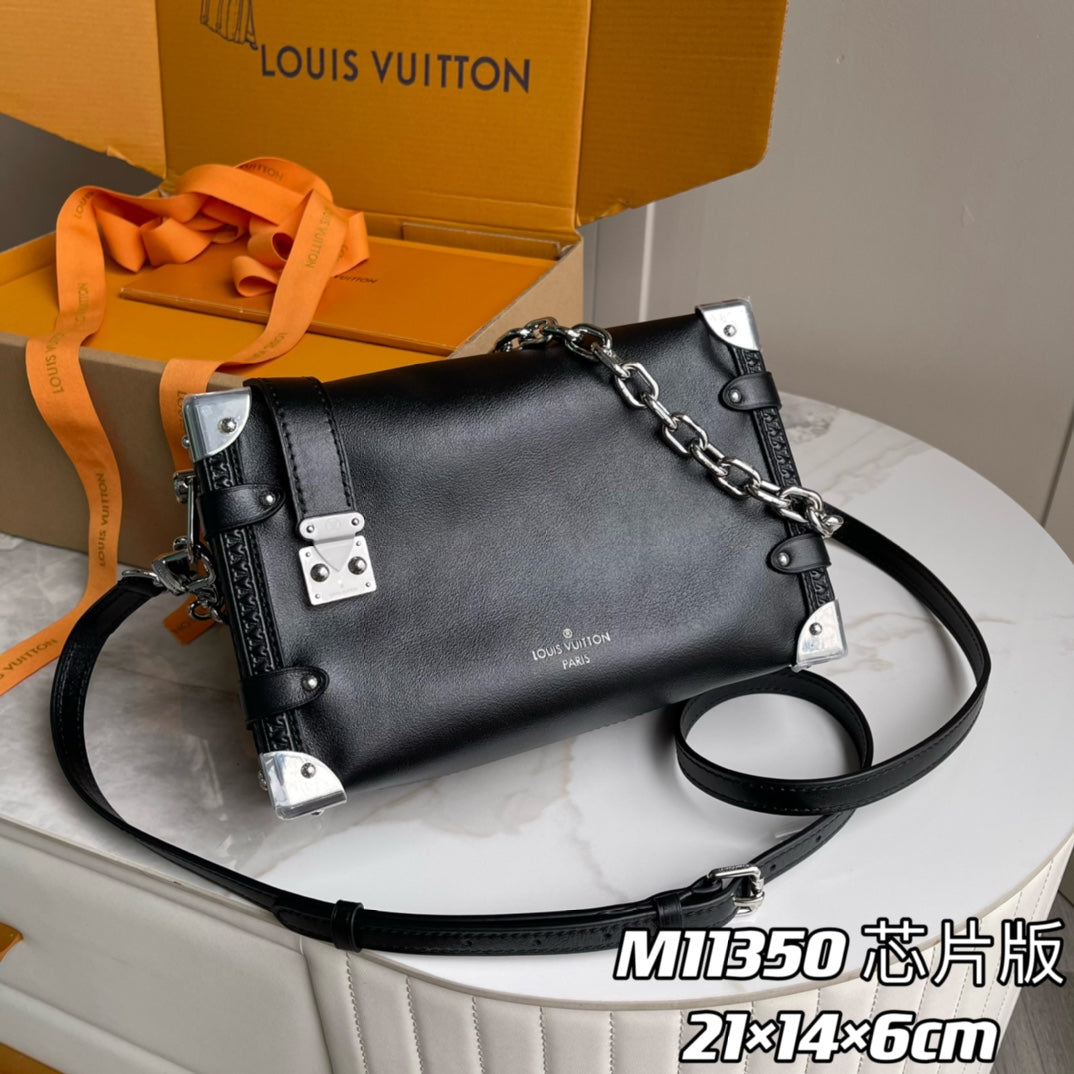 Louis Vuitton Black Leather Shoulder Bag with Silver Chain and Metal Corners