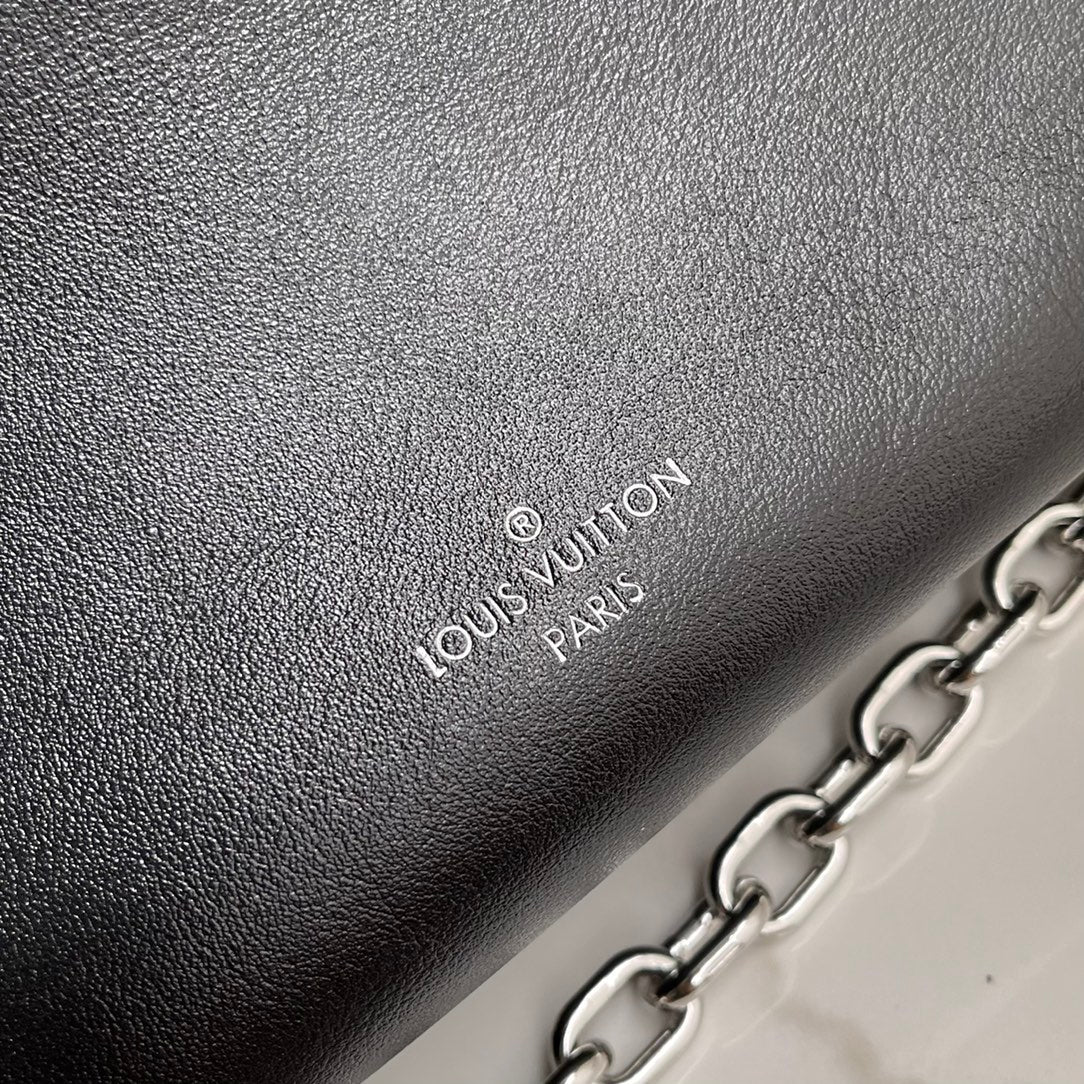 Louis Vuitton Black Leather Shoulder Bag with Silver Chain and Metal Corners