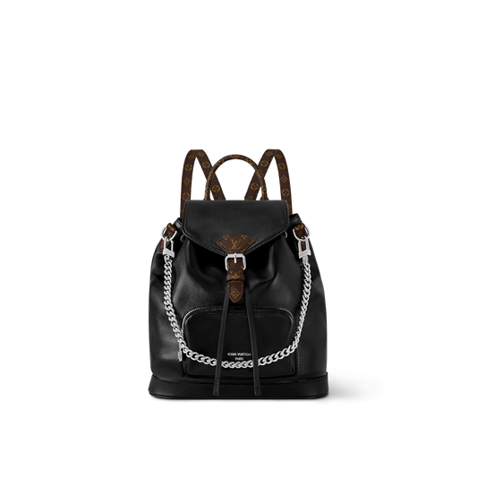 Louis Vuitton Black Leather Drawstring Backpack with Silver Chain Accent
