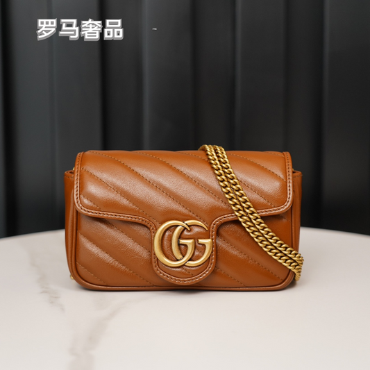 Gucci Brown Quilted Leather Crossbody Bag with Gold Chain Strap