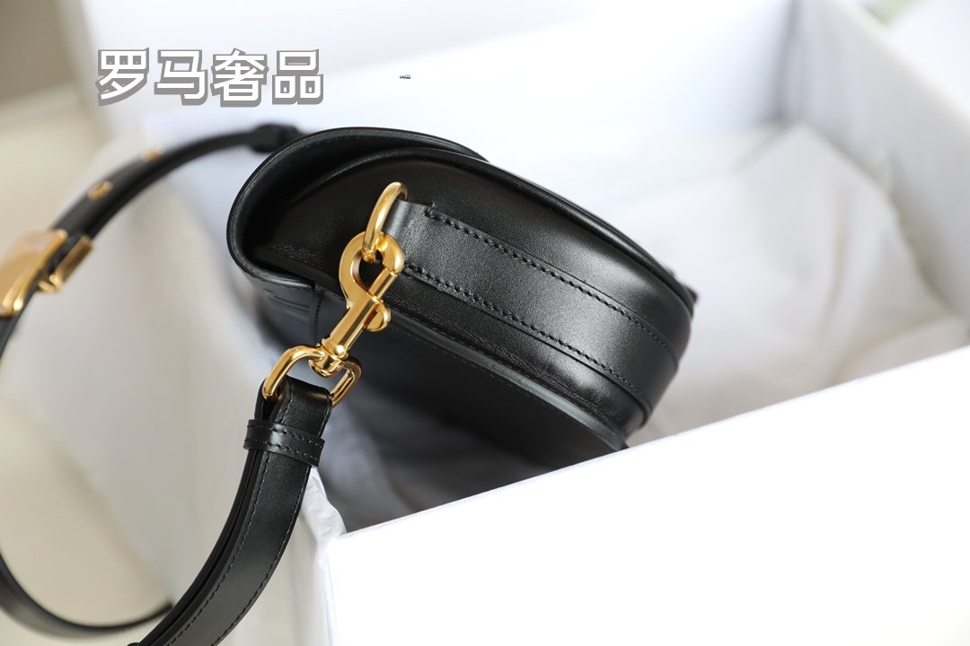 Dior Vintage Black Leather Shoulder Saddle Bag with Oval Metal Clasp