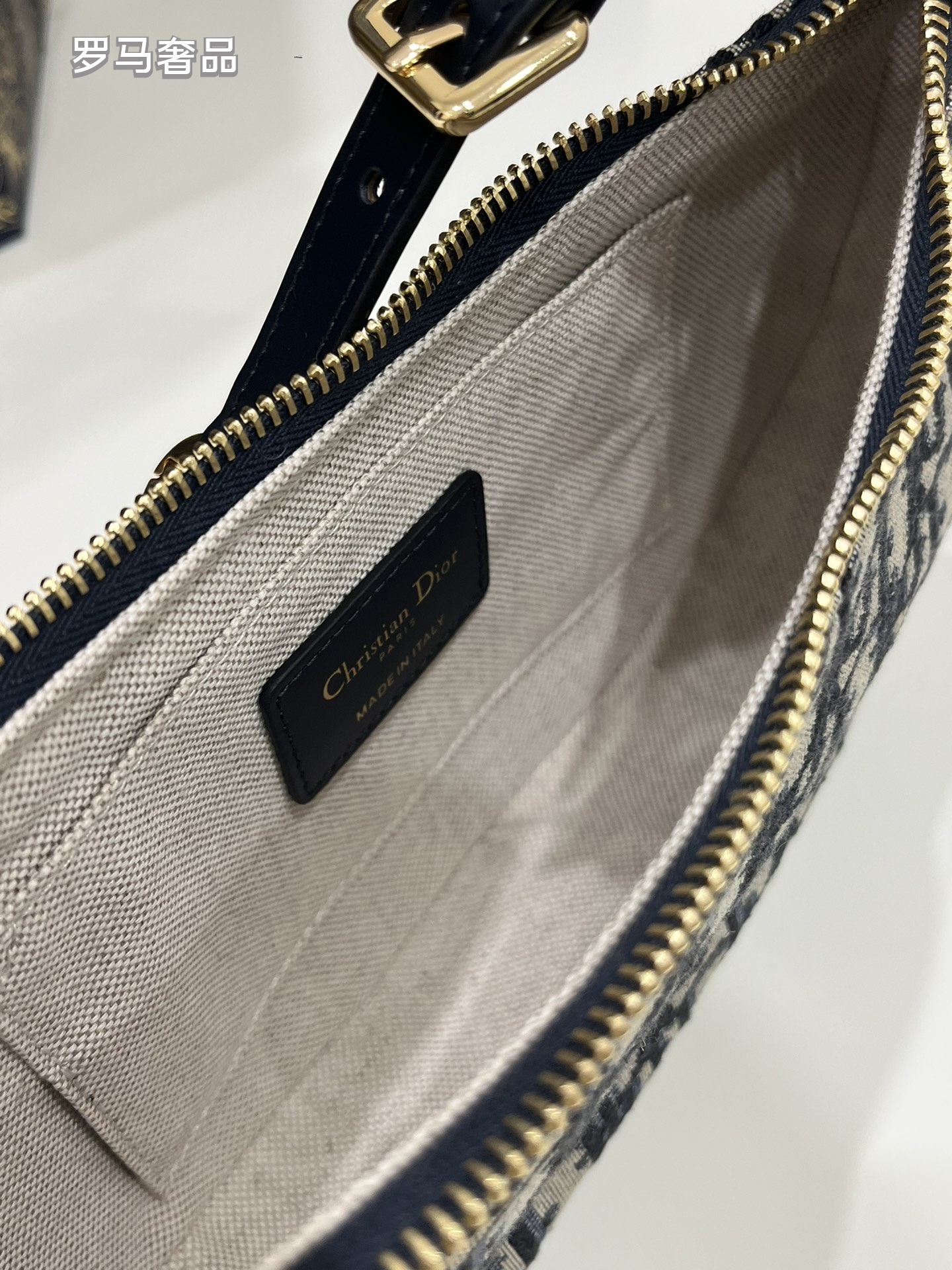 Dior Elegant Monogram Canvas Crescent Shoulder Bag with Gold Chain