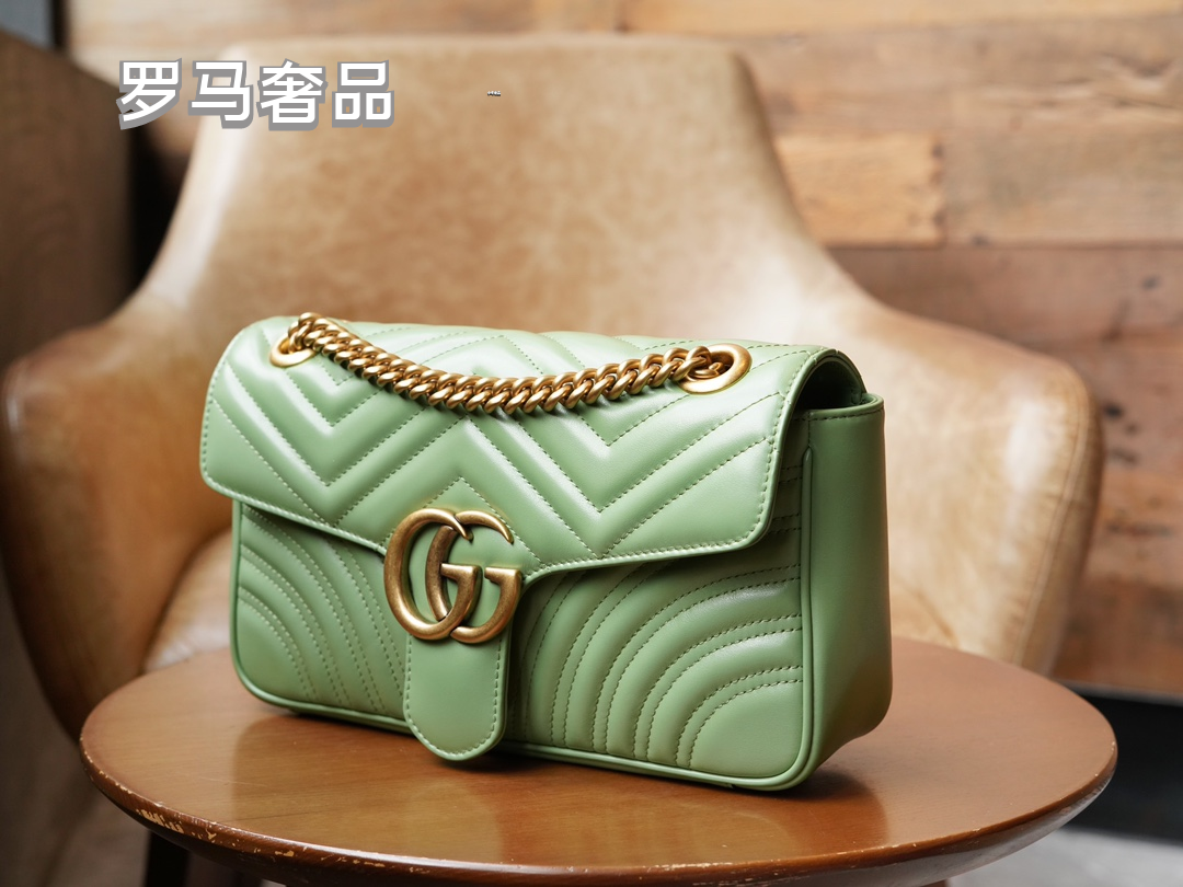 Gucci Sage Green Quilted Chevron Leather Shoulder Bag with Gold Chain