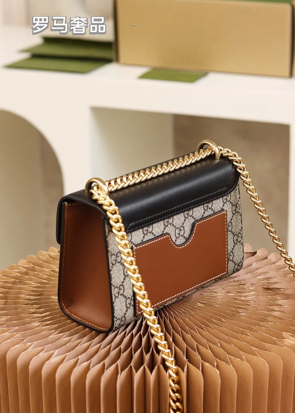 Gucci Vintage Monogram Canvas Crossbody Bag with Leather Flap and Gold Chain
