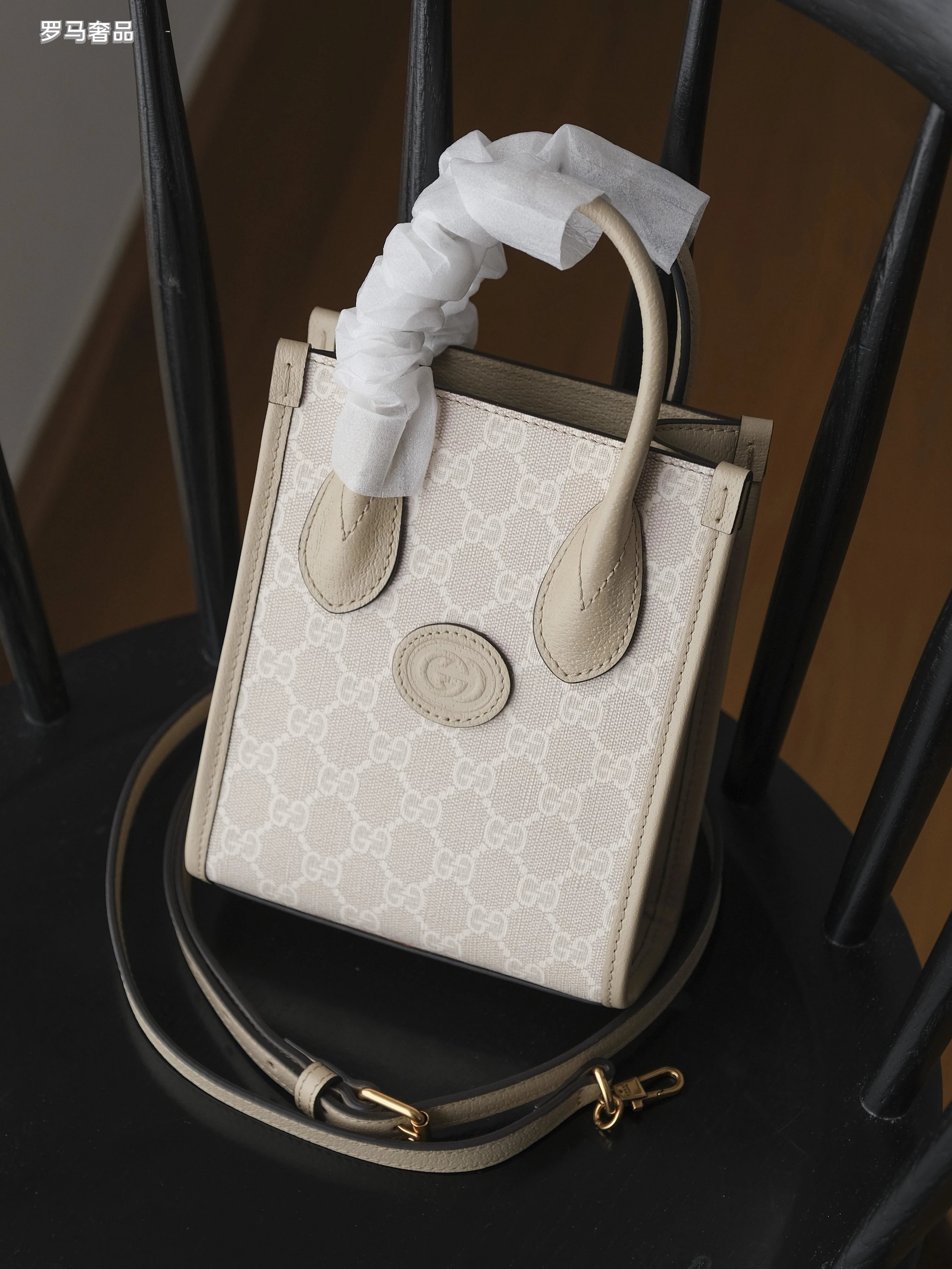 Gucci Elegant Cream Monogram Mini Tote Bag with Top Handles and Crossbody Strap