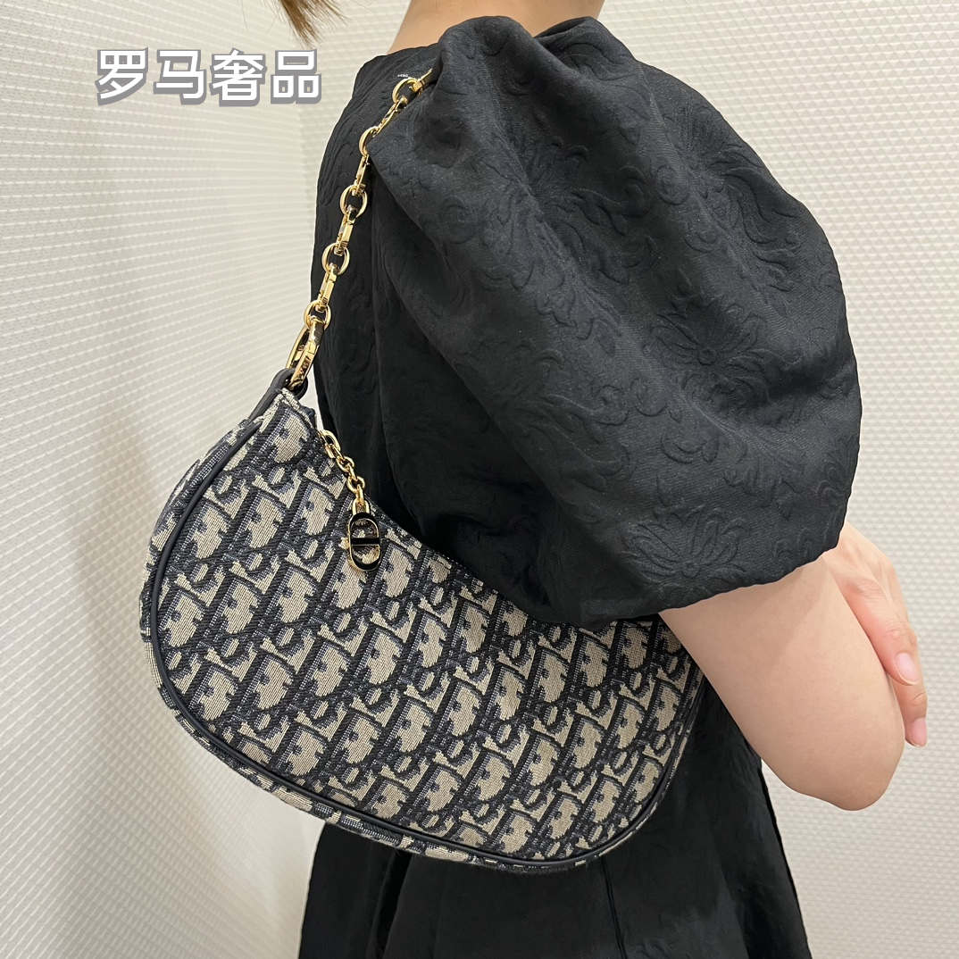 Dior Elegant Monogram Canvas Crescent Shoulder Bag with Gold Chain