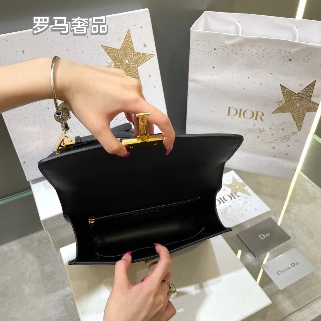 Christian Dior 30 Montaigne Bag in Black Smooth Calfskin with Gold-Finish CD Clasp