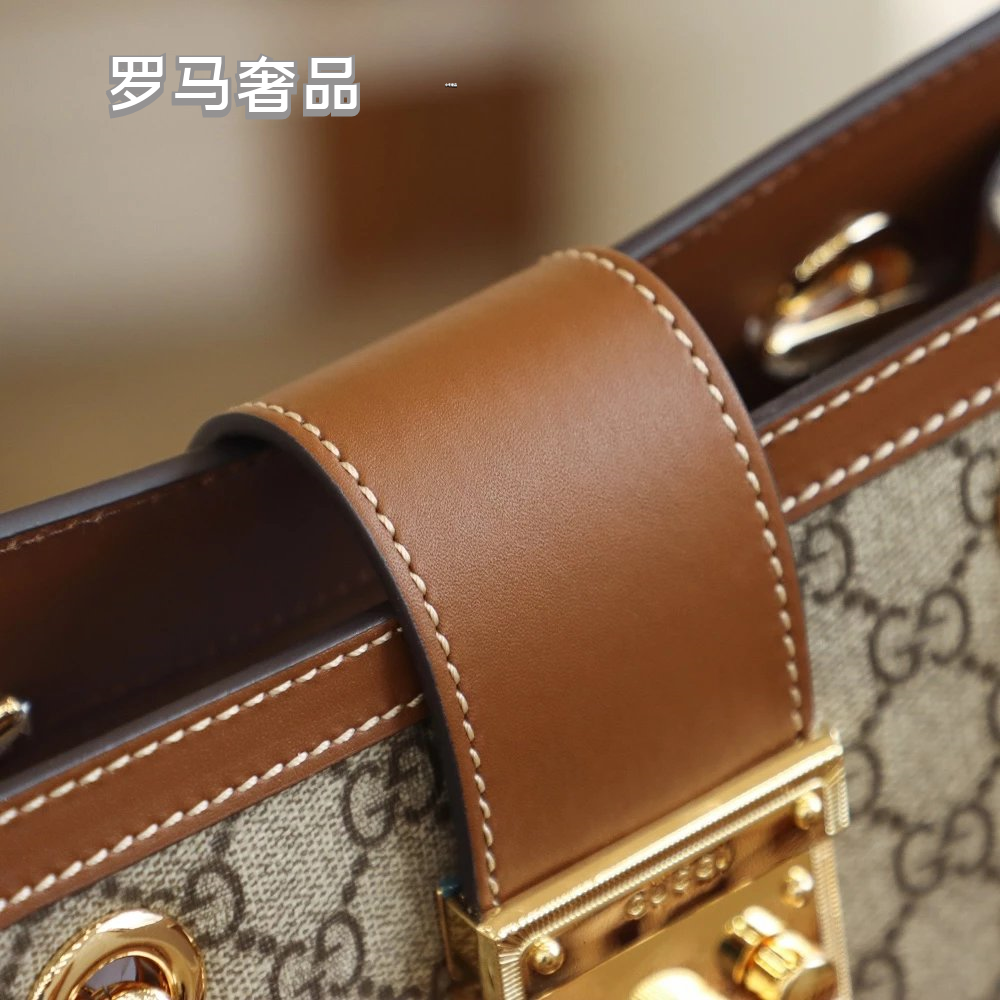 Gucci Vintage Monogram Canvas Shoulder Bag with Gold Chain and Padlock