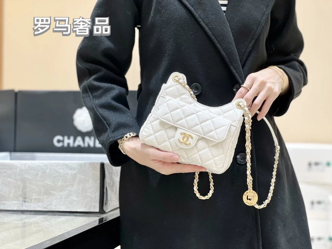 Chanel Small Hobo Bag White Quilted Lambskin Gold-Tone Metal Handbag