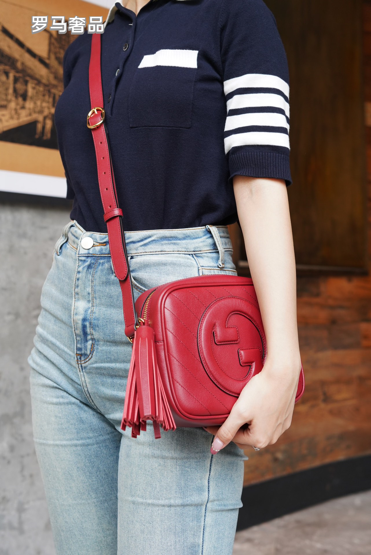 Gucci Red Leather Crossbody Camera Bag with Embossed Logo and Tassel