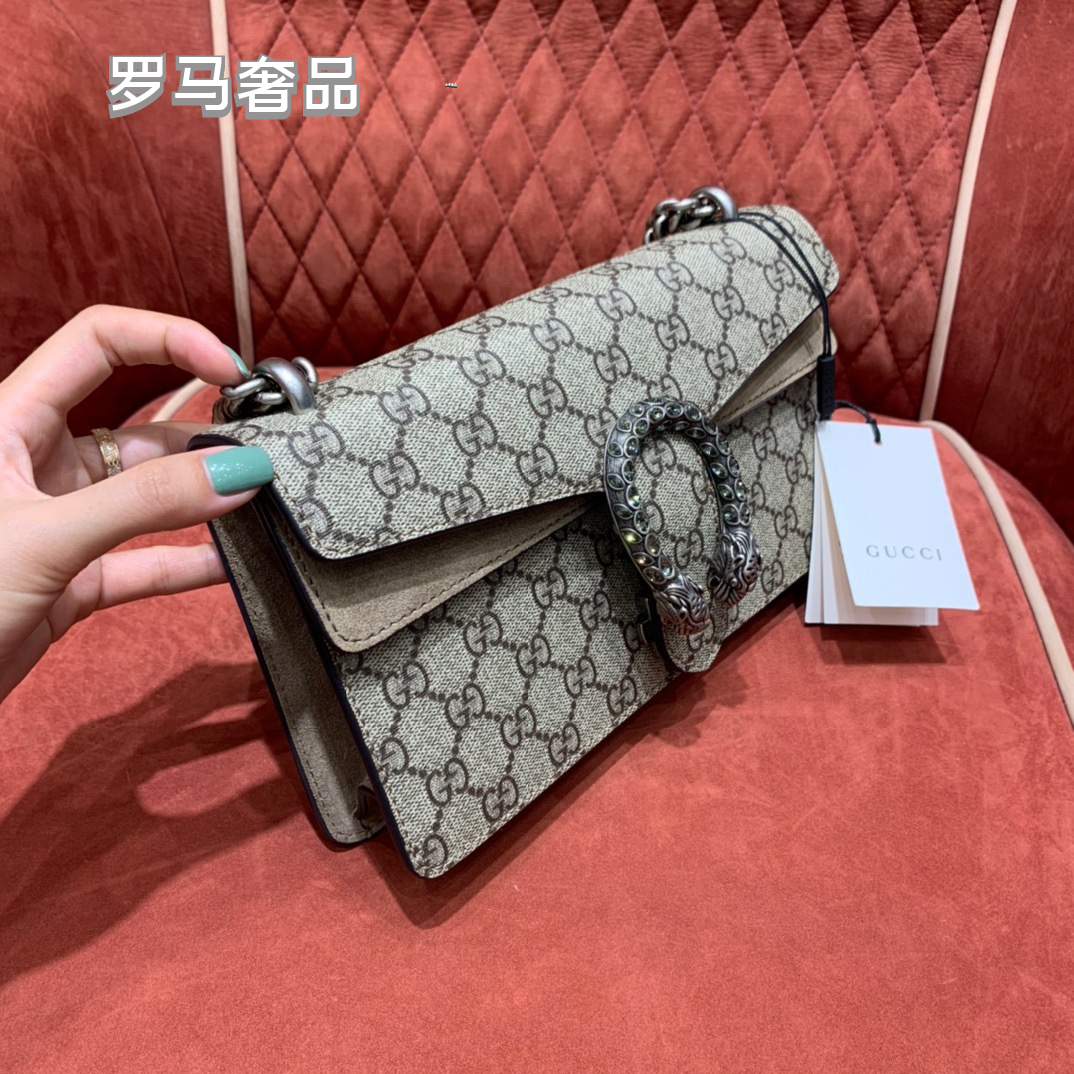 Gucci Monogram Canvas Chain Shoulder Bag with Tiger Head Clasp