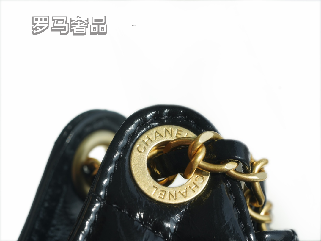 Elegant Black Quilted Patent Leather Shoulder Bag with Gold Chain Strap