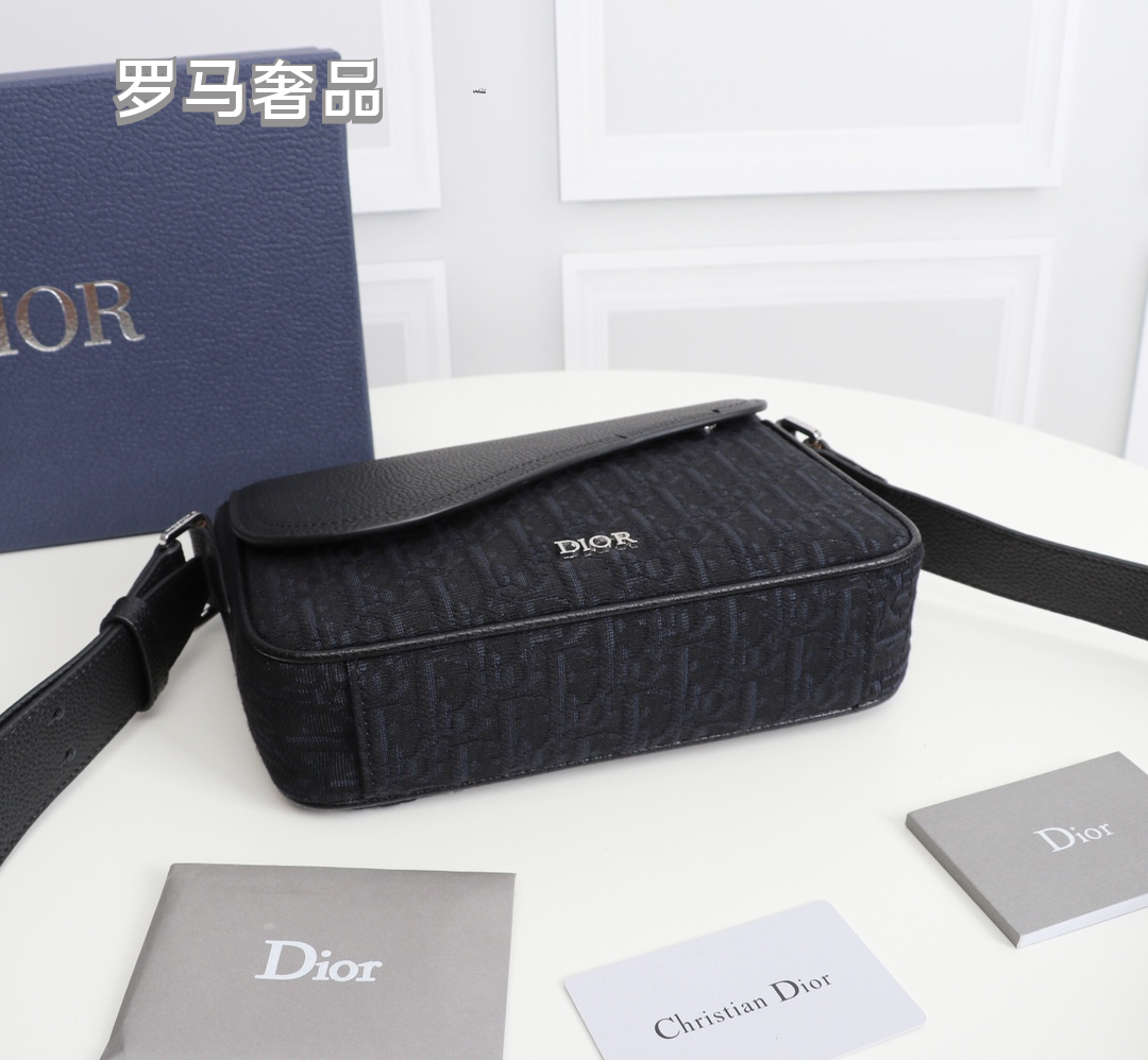 Dior Messenger Bag with Black Leather Flap and Oblique Jacquard Canvas
