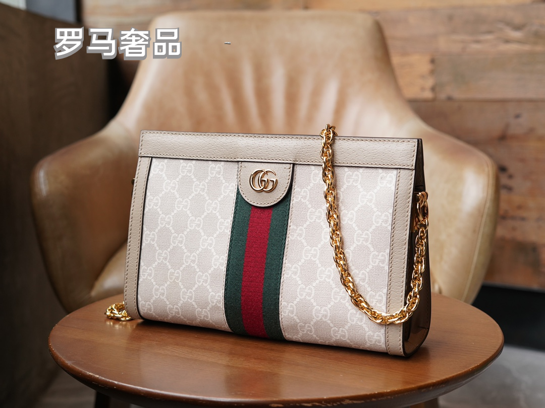Gucci Classic Monogram Canvas Shoulder Bag with Stripe and Gold Chain