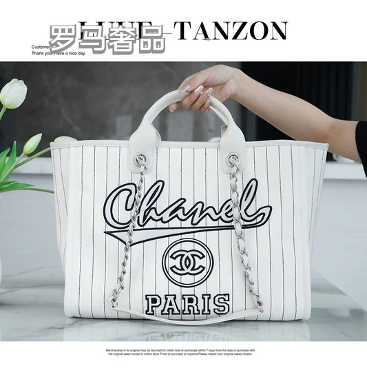 Chanel Pinstripe Deauville Canvas Tote Bag - White/Black